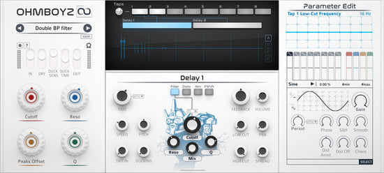 Graphical user interface of the Ohmboyz Infinity audio effect plug-in, showing various control knobs and a visualizer of the delay line.