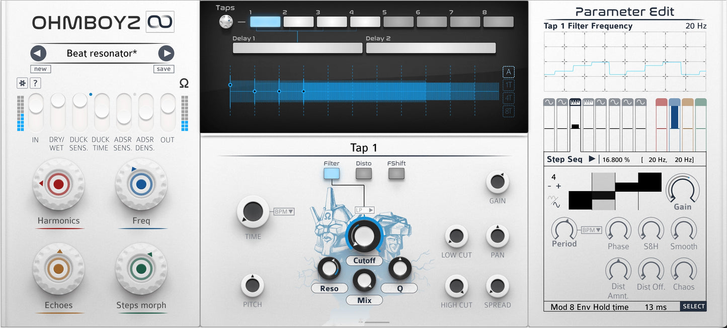 Screenshot of the Ohmboyz Infinity delay effect audio plugin interface, showing control knobs and a visualizer of the delay line.