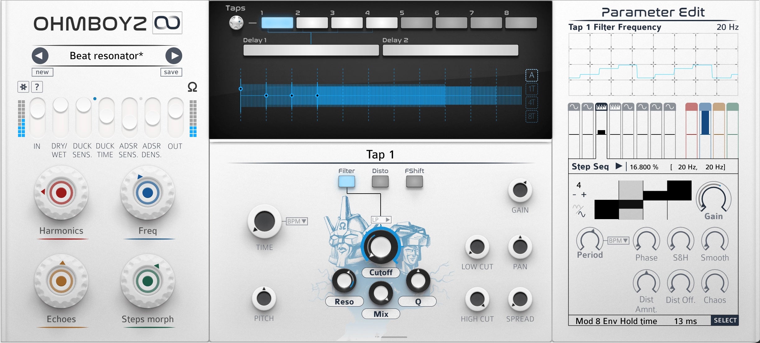 Screenshot of the Ohmboyz Infinity delay effect audio plugin interface, showing control knobs and a visualizer of the delay line.
