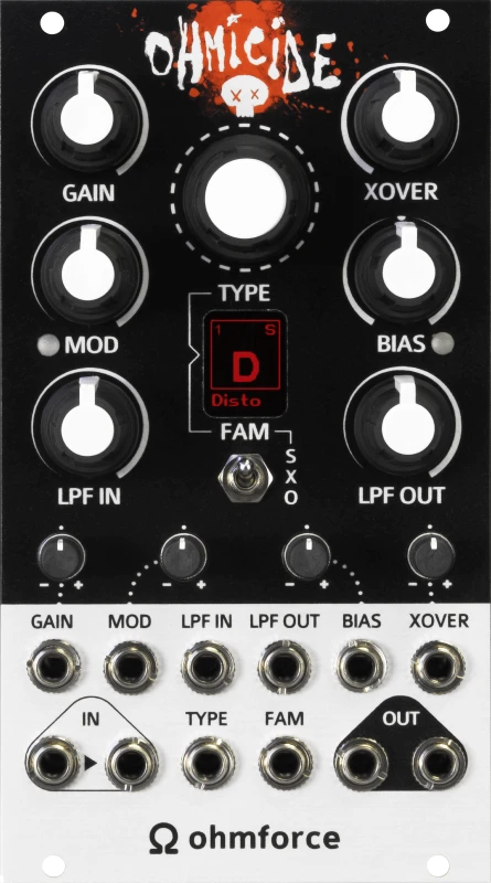 An image of the Ohmicide Eurorack distortion module front panel.