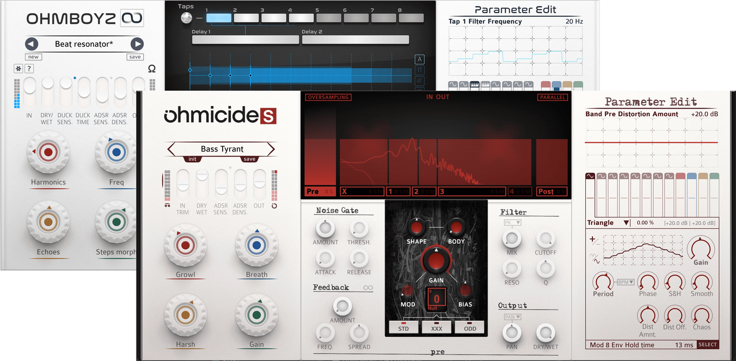 Screenshots of the Ohmicide[S] multiband distortion and Ohmboyz Infinity delay effect audio plugins interfaces.