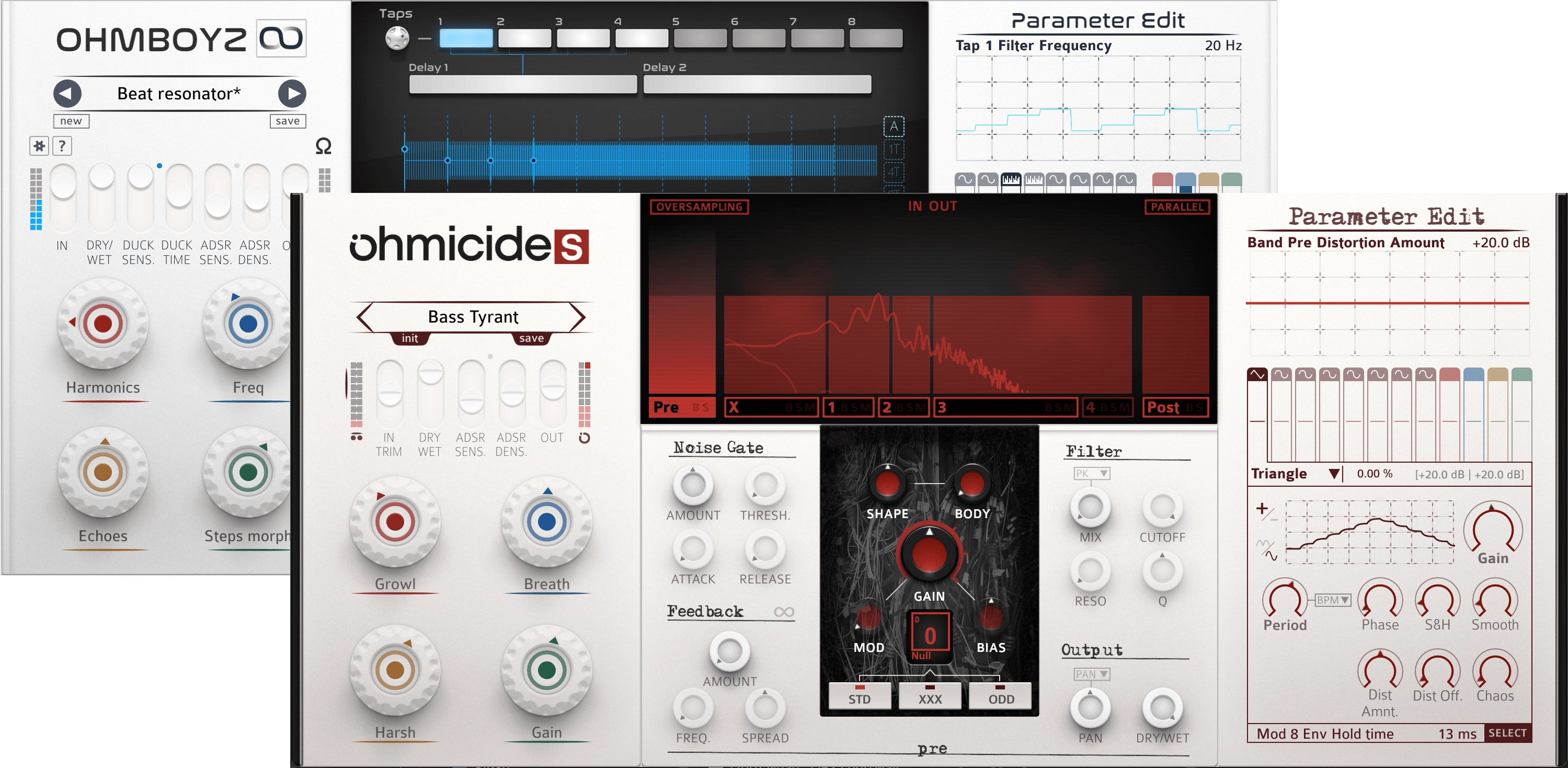 Screenshots of the Ohmicide[S] multiband distortion and Ohmboyz Infinity delay effect audio plugins interfaces.