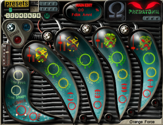 Graphical user interface of Predatohm audio distortion software showing various control knobs and settings.